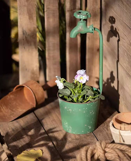 Whimsical Green Faucet Cylindrical Iron Flower Pot