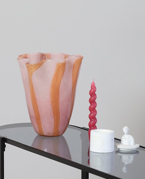 Colored Wavy Rim Vertical Stripe Handmade Glass Vase