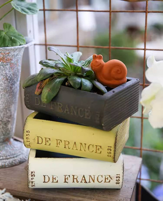 Vintage Farmhouse Style Iron Planter for Succulents with Antique Book Design